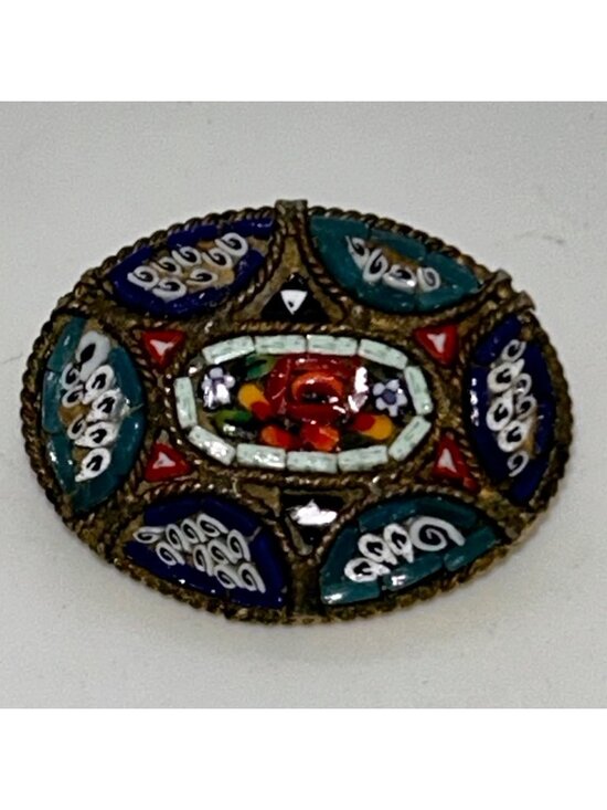Made In Italy Jewelry - Vintage Micro Mosaic Oval Brooch Floral Gold-Tone C-Clasp Made in Italy